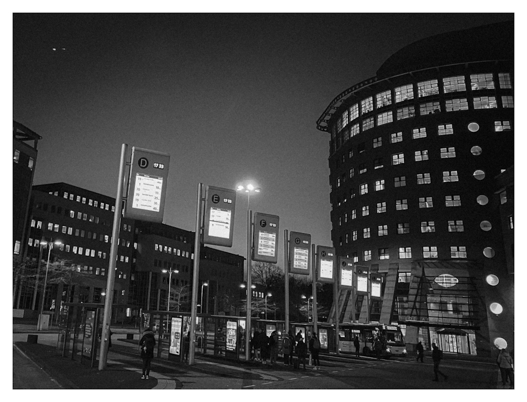Bus station Amersfoort, with lines of lights in black and white. 