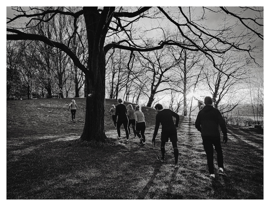 Group of people running up a small hill, as part of an outdoor training 